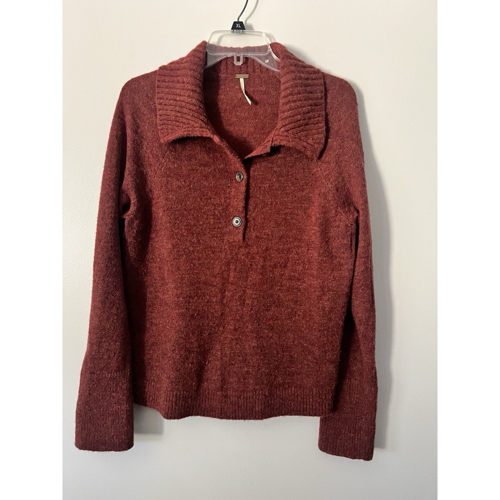 FREE PEOPLE Rust Red Pullover 1/4 Button Neck Sweater Womens L Alpaca Blend